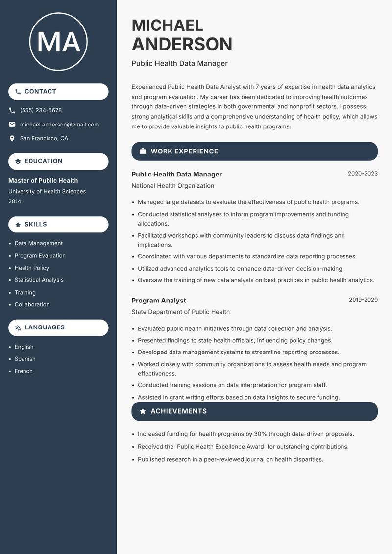 Public Health Data Analyst resume template — Compact