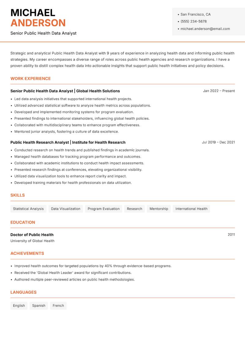 Public Health Data Analyst resume template — Modern Professional