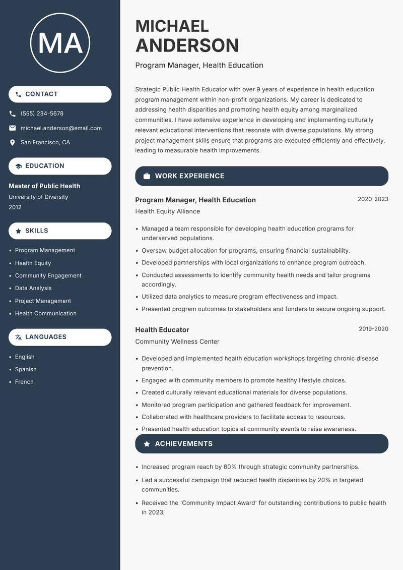 Public Health Educator resume template — Compact