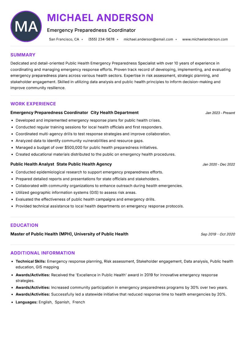 Public Health Emergency Preparedness Specialist resume example — ATS-friendly template