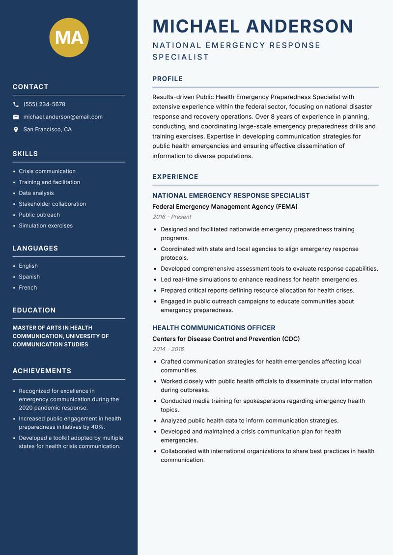 Public Health Emergency Preparedness Specialist resume template — Classic Clean
