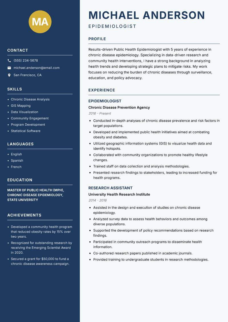 Public Health Epidemiologist resume template — Classic Clean