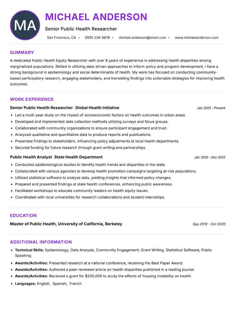 Public Health Equity Researcher resume example — ATS-friendly template