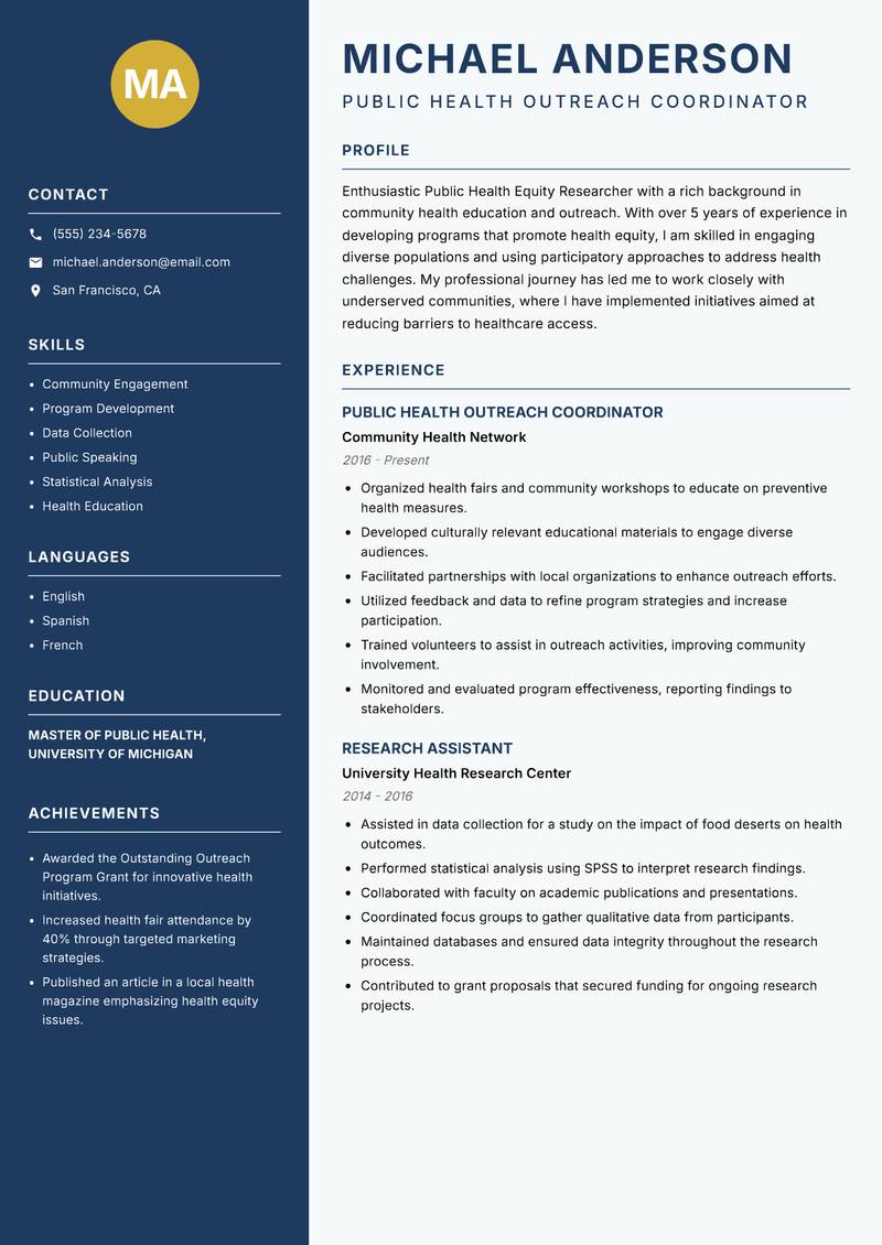 Public Health Equity Researcher resume template — Classic Clean