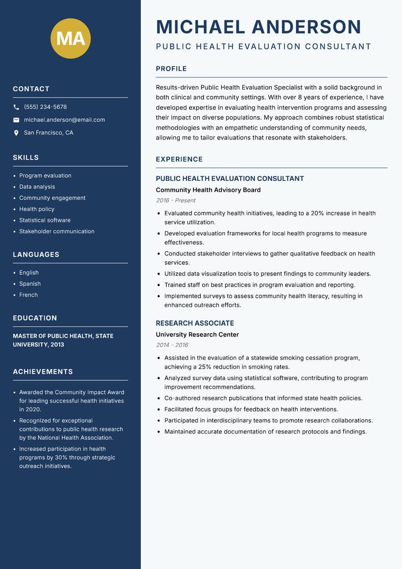 Public Health Evaluation Specialist resume template — Classic Clean