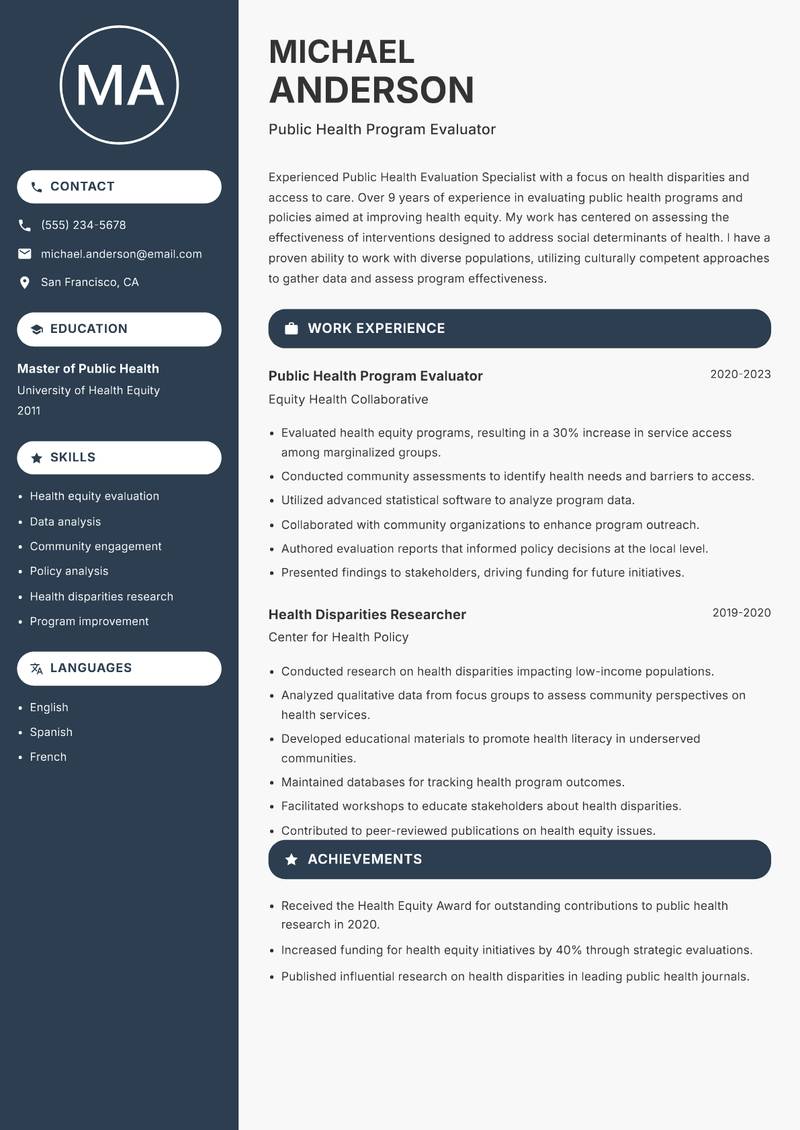 Public Health Evaluation Specialist resume template — Compact