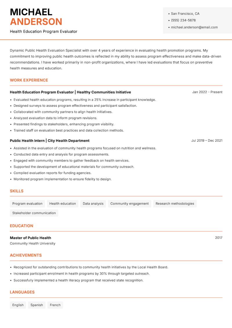Public Health Evaluation Specialist resume template — Modern Professional