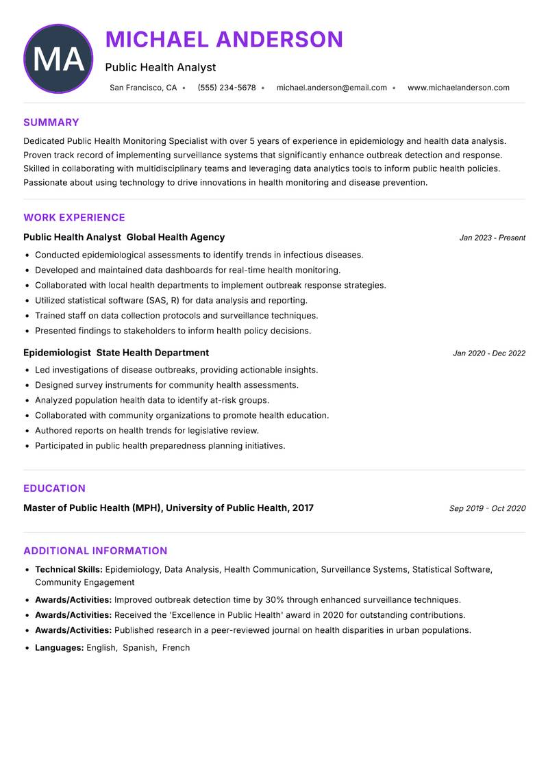 Public Health Monitoring Specialist resume example — ATS-friendly template