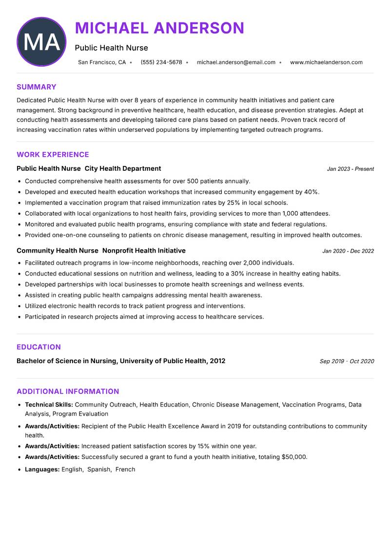 Public Health Nurse resume example — ATS-friendly template