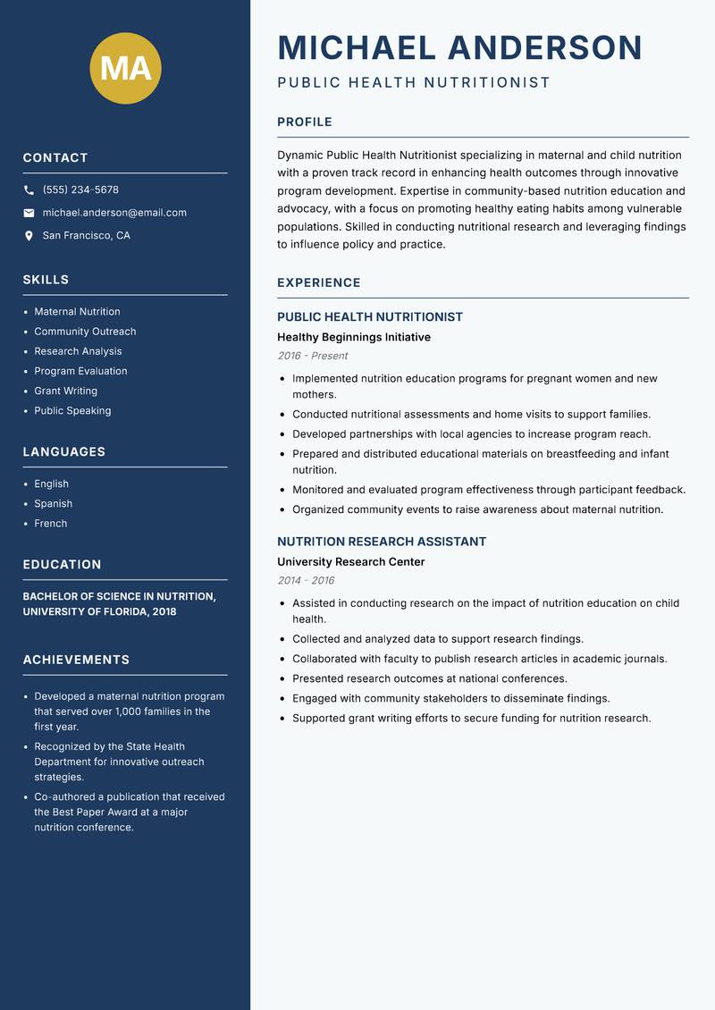 Public Health Nutritionist resume template — Classic Clean