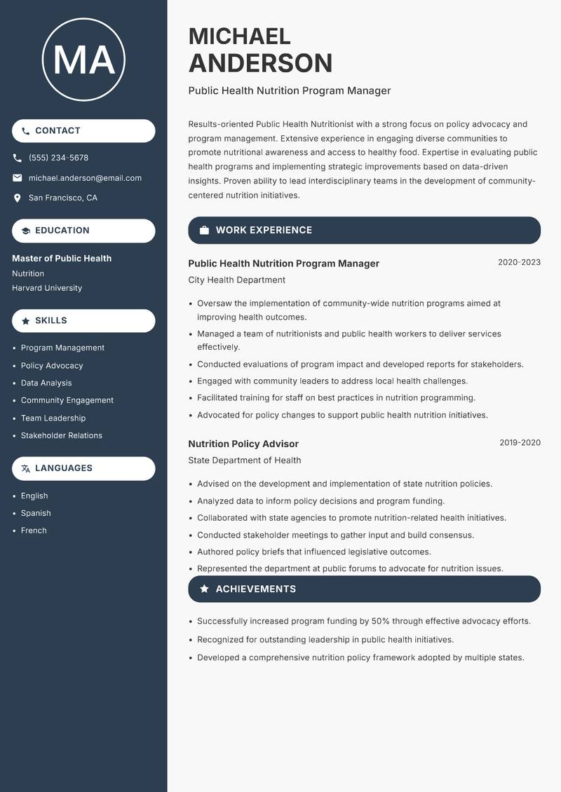 Public Health Nutritionist resume template — Compact
