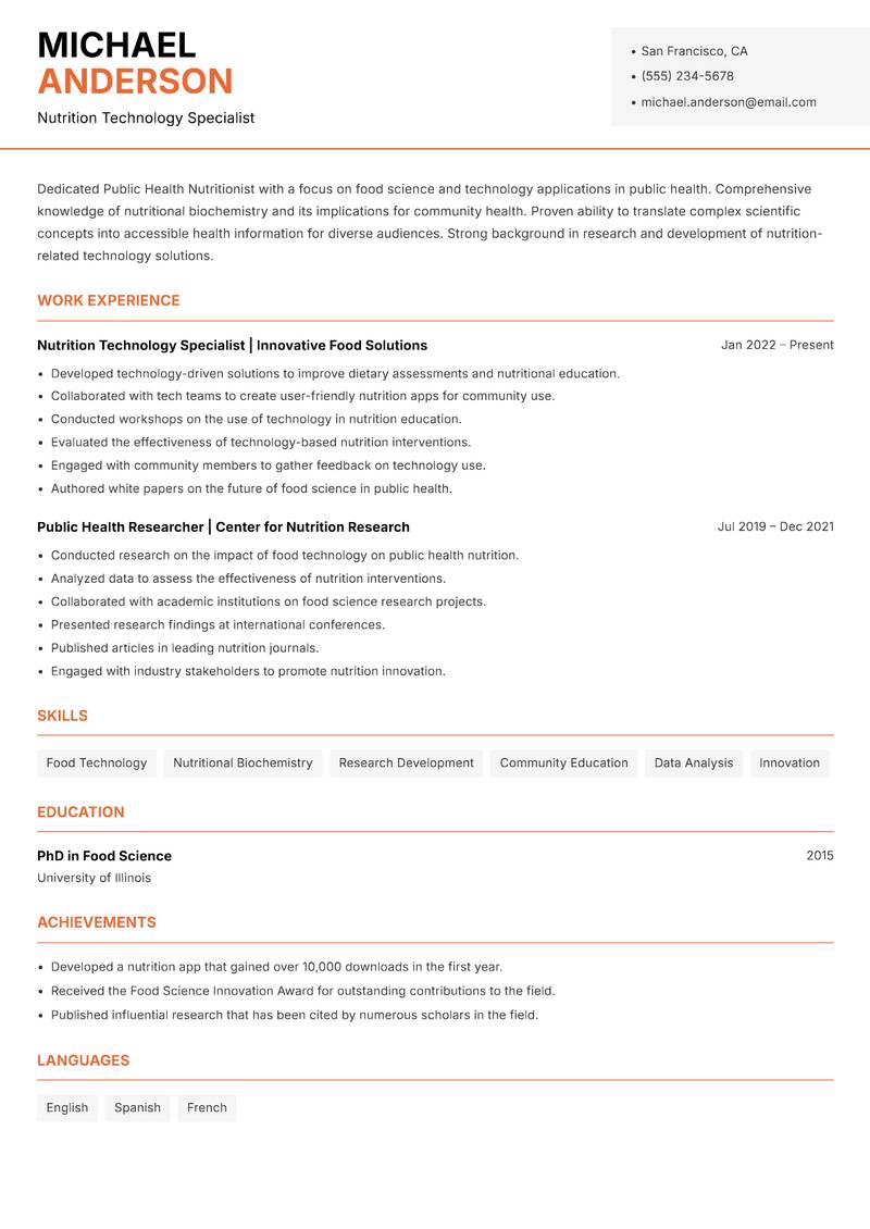 Public Health Nutritionist resume template — Modern Professional
