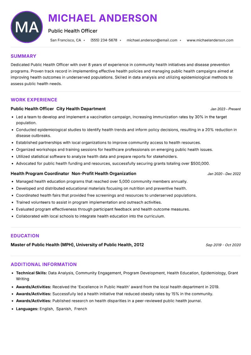 Public Health Officer resume example — ATS-friendly template