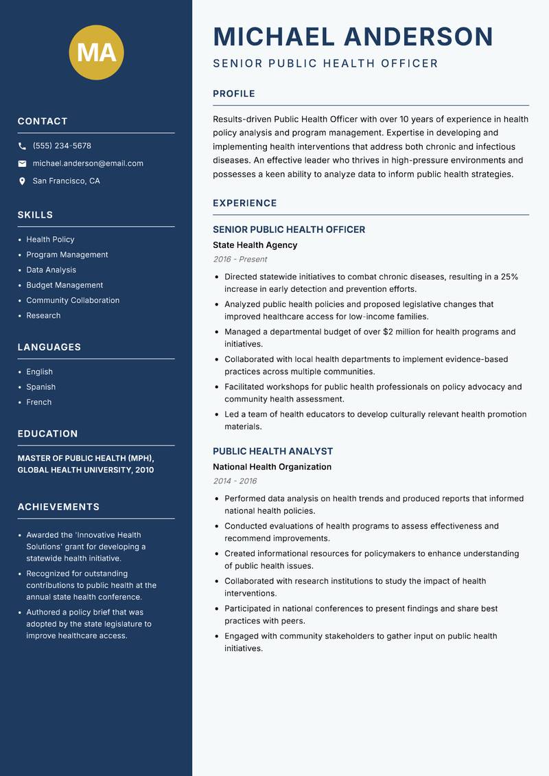 Public Health Officer resume template — Classic Clean