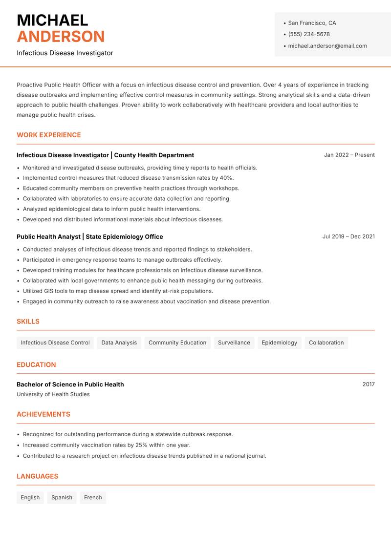 Public Health Officer resume template — Modern Professional