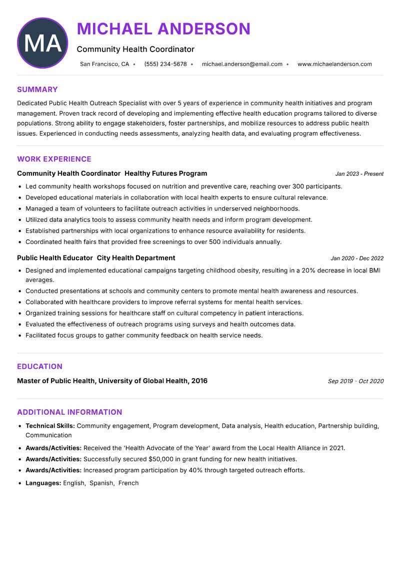 Public Health Outreach Specialist resume example — ATS-friendly template