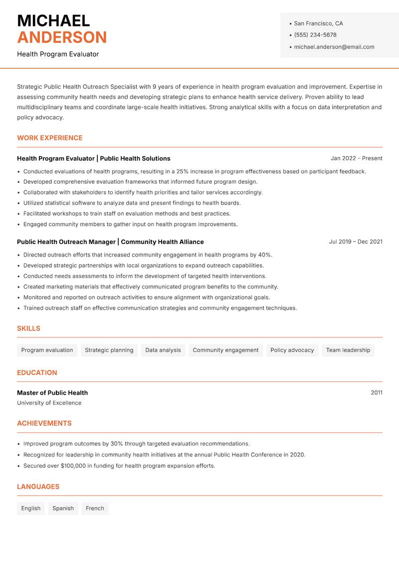 Public Health Outreach Specialist resume template — Modern Professional
