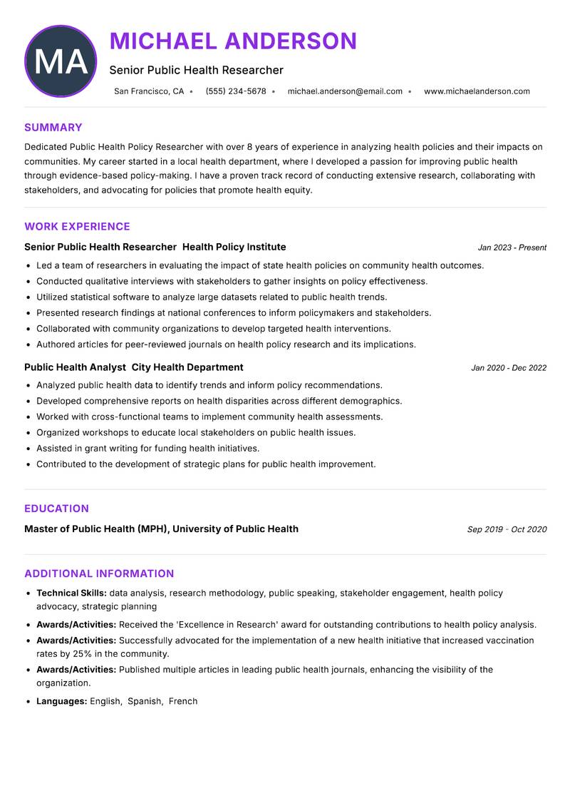 Public Health Policy Researcher resume example — ATS-friendly template