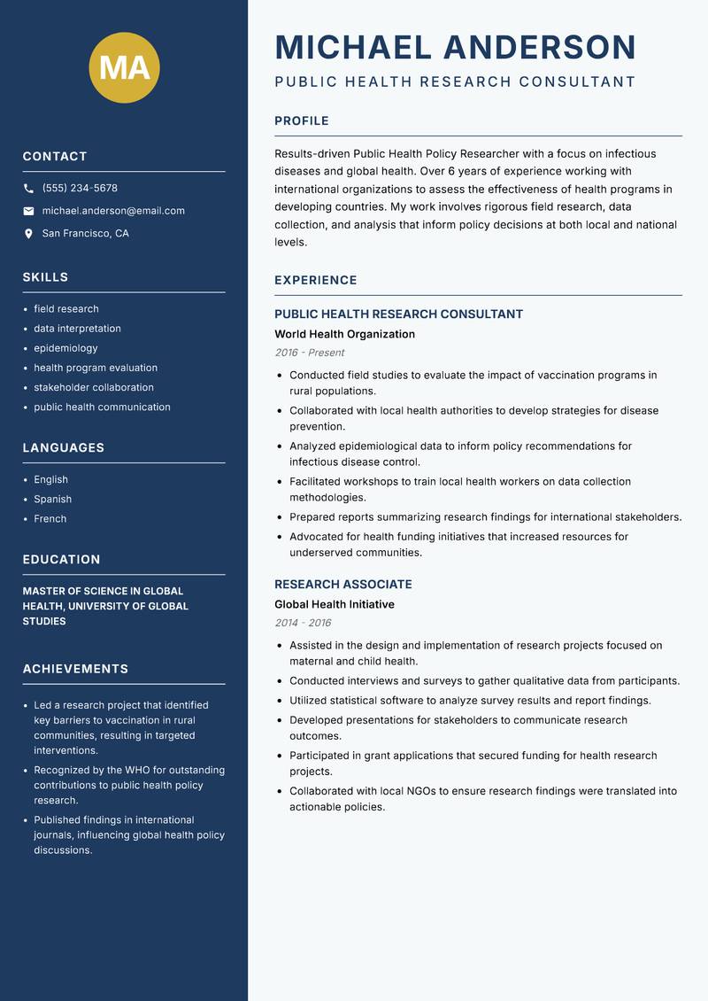 Public Health Policy Researcher resume template — Classic Clean