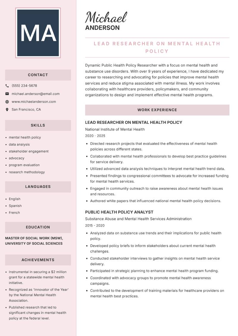 Public Health Policy Researcher resume template — Executive