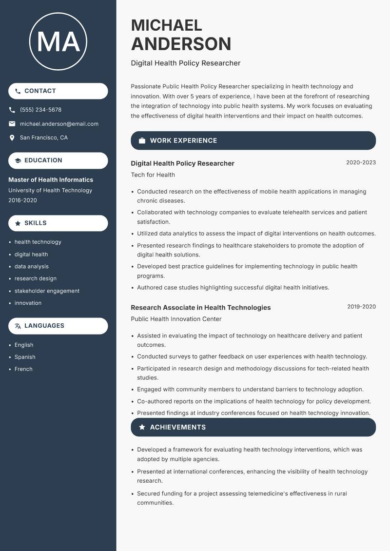 Public Health Policy Researcher resume template — Compact