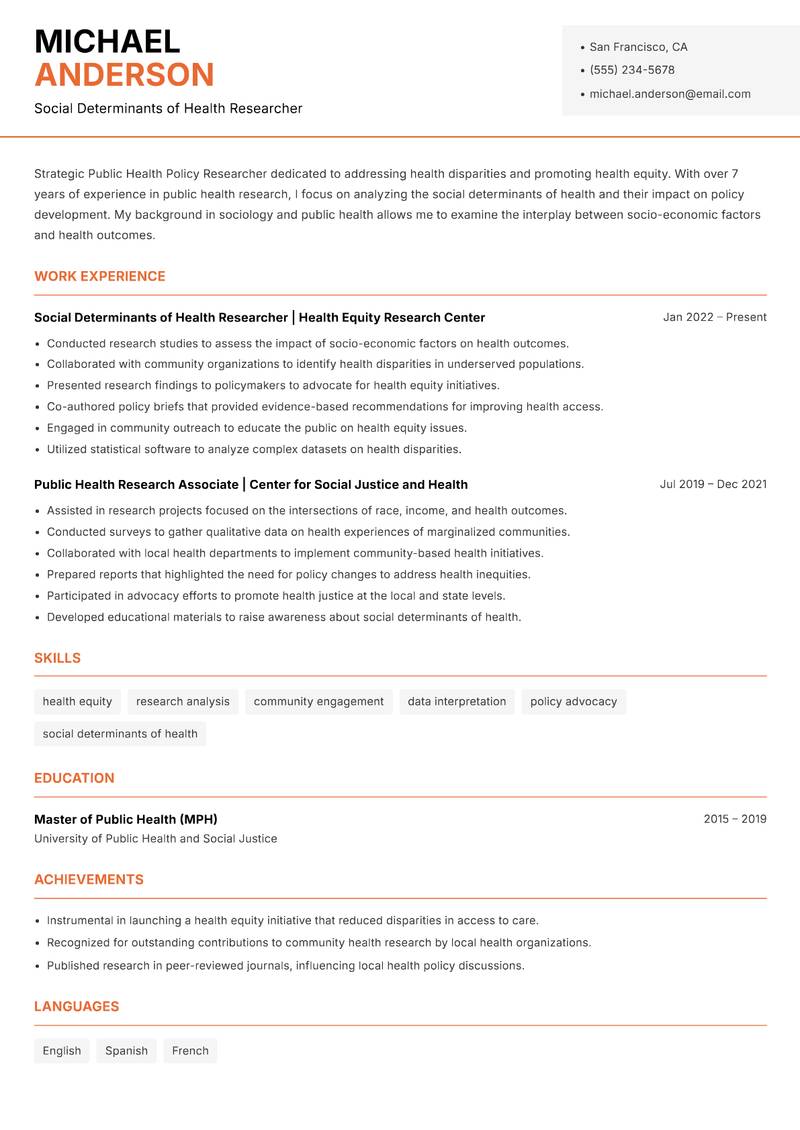 Public Health Policy Researcher resume template — Modern Professional