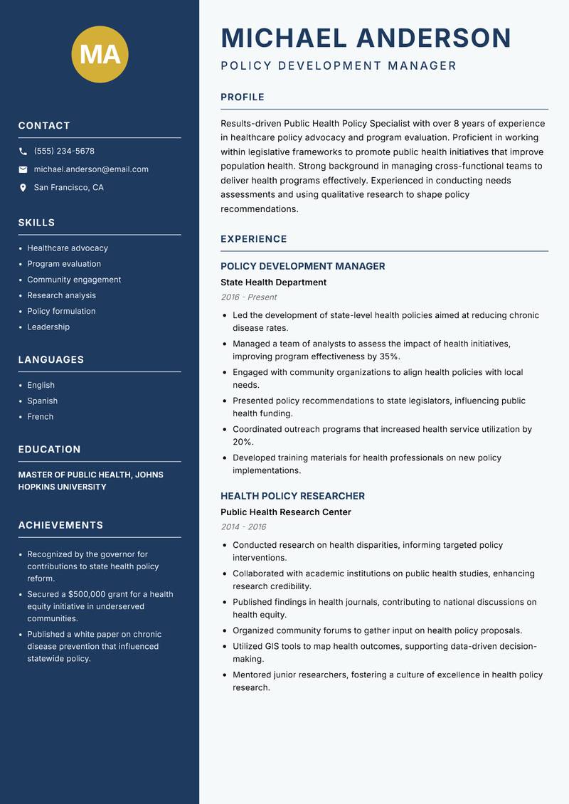 Public Health Policy Specialist resume template — Classic Clean