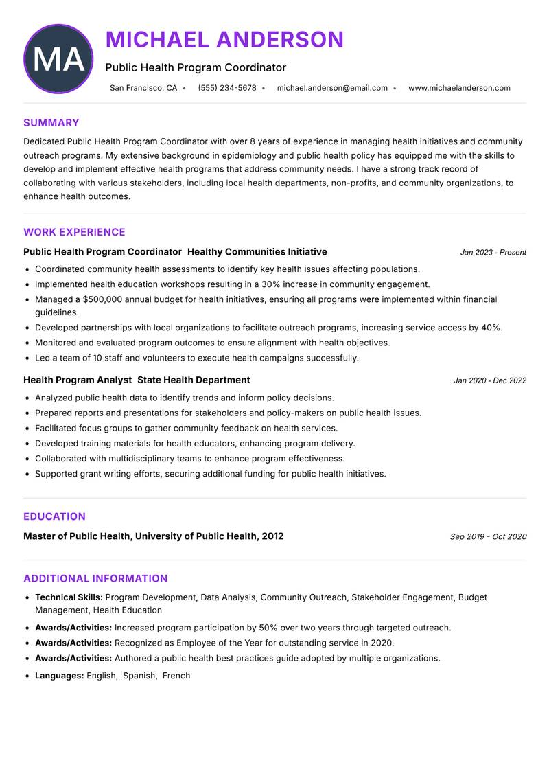 Public Health Program Coordinator resume example — ATS-friendly template
