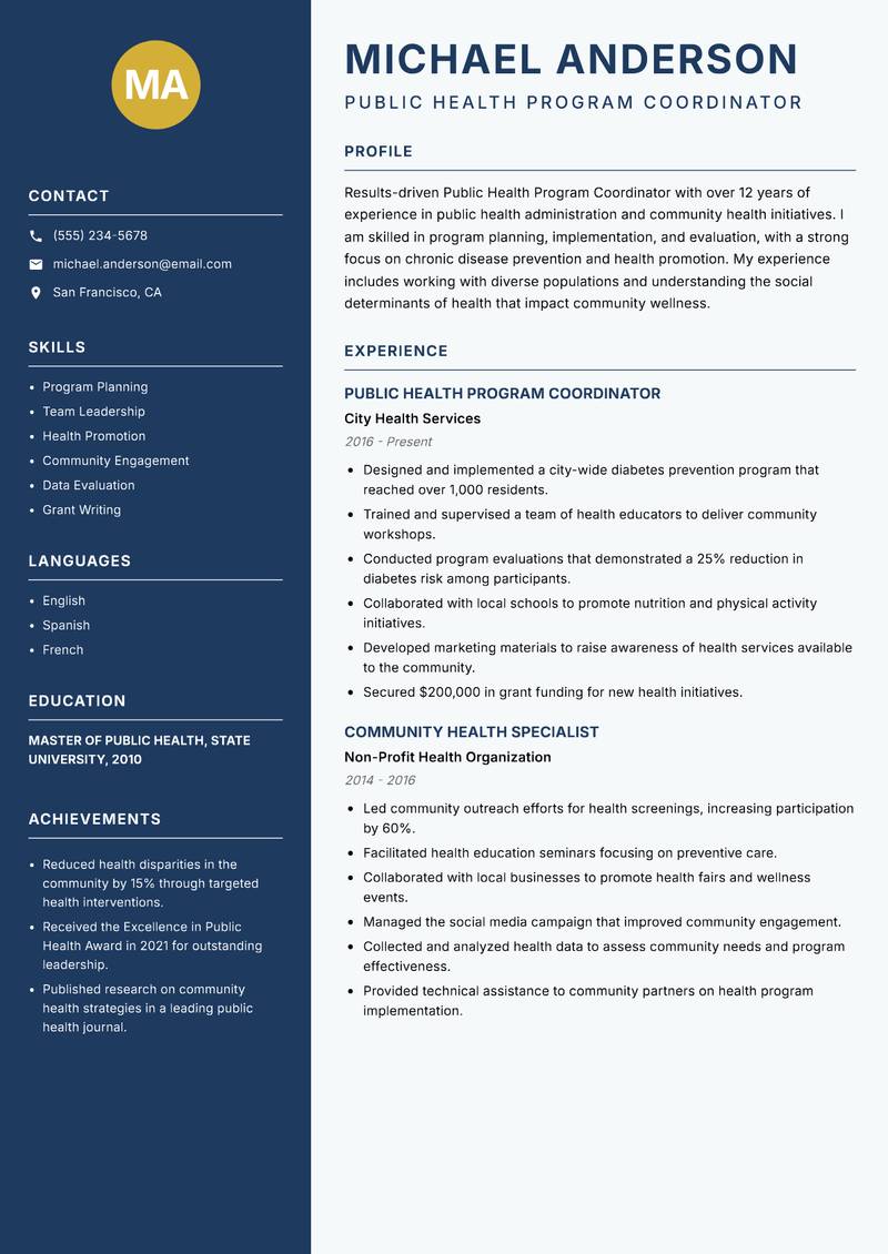 Public Health Program Coordinator resume template — Classic Clean