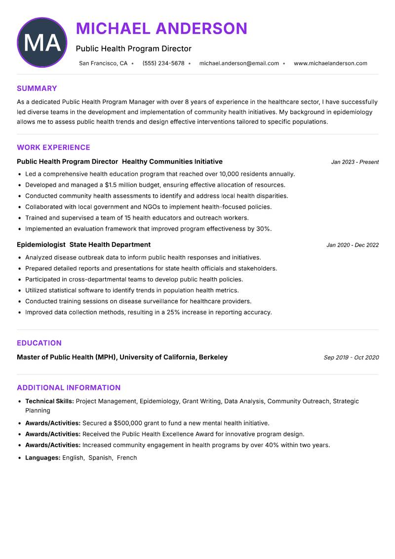 Public Health Program Manager resume example — ATS-friendly template