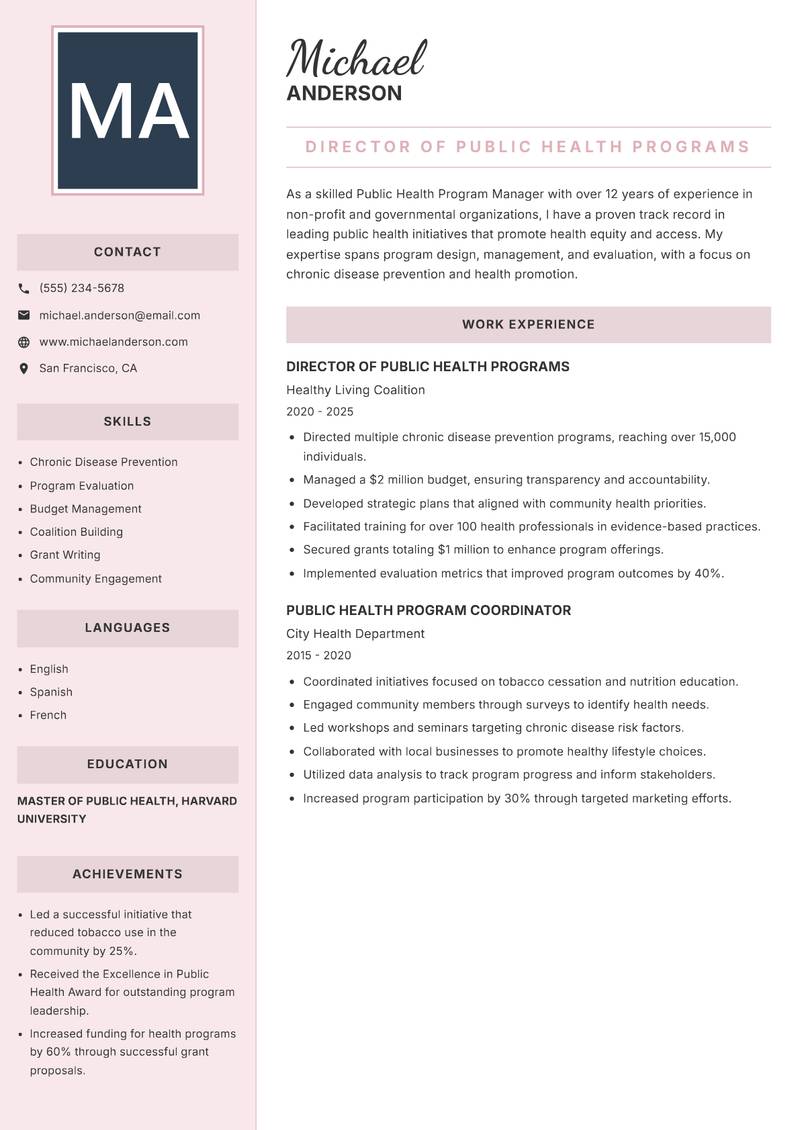 Public Health Program Manager resume template — Executive
