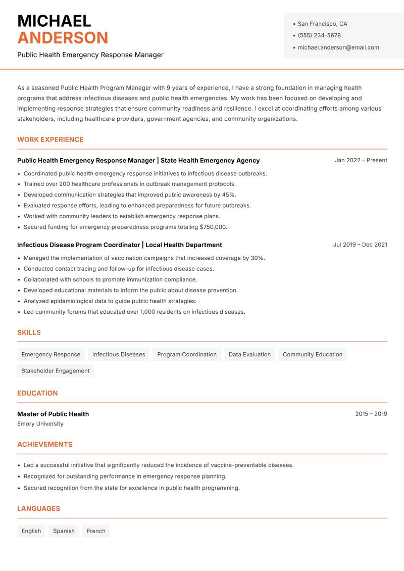 Public Health Program Manager resume template — Modern Professional