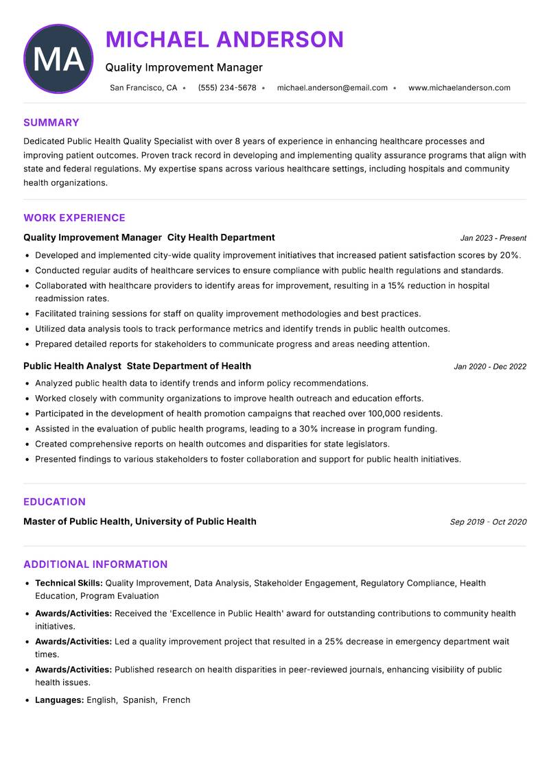 Public Health Quality Specialist resume example — ATS-friendly template