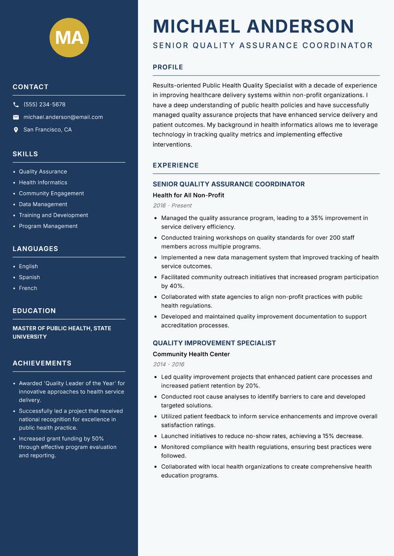 Public Health Quality Specialist resume template — Classic Clean