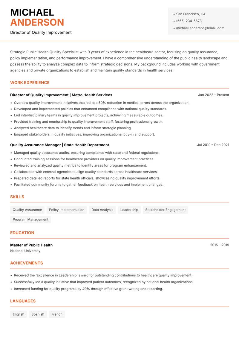 Public Health Quality Specialist resume template — Modern Professional