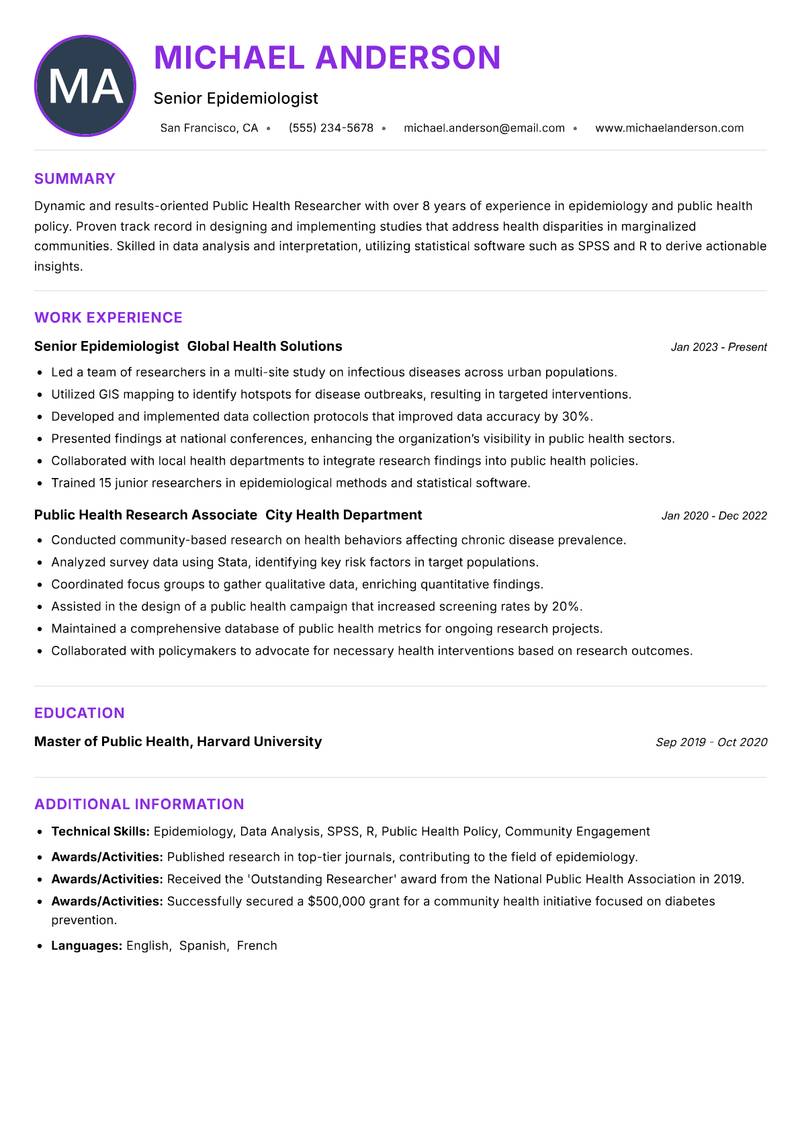 Public Health Researcher resume example — ATS-friendly template