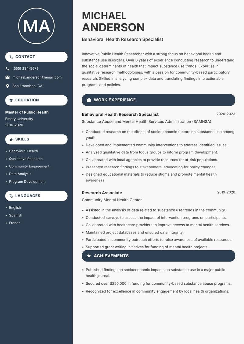 Public Health Researcher resume template — Compact