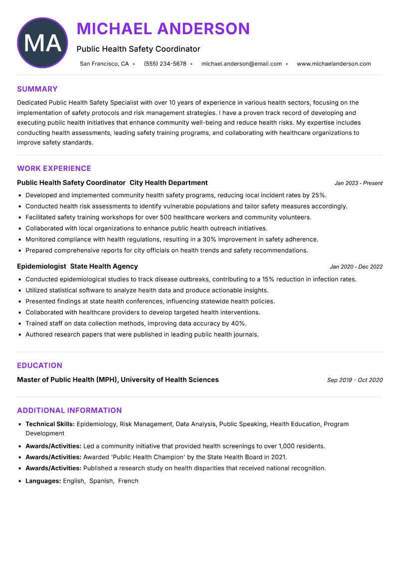 Public Health Safety Specialist resume example — ATS-friendly template