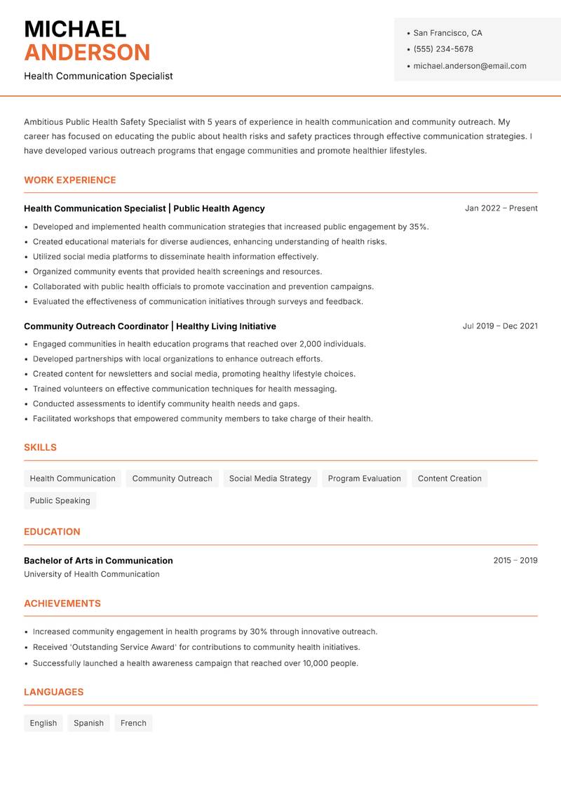 Public Health Safety Specialist resume template — Modern Professional