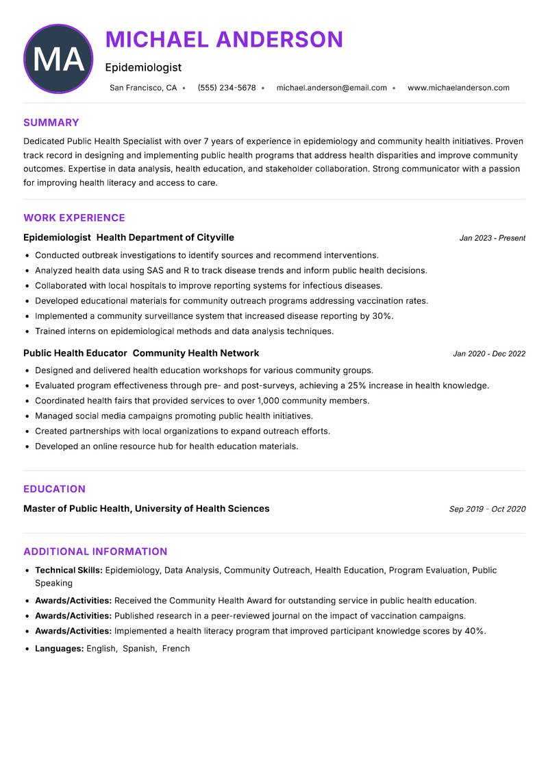 Public Health Specialist resume example — ATS-friendly template