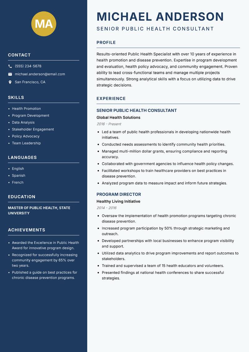 Public Health Specialist resume template — Classic Clean
