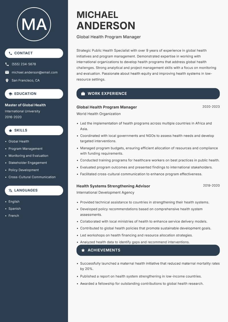 Public Health Specialist resume template — Compact