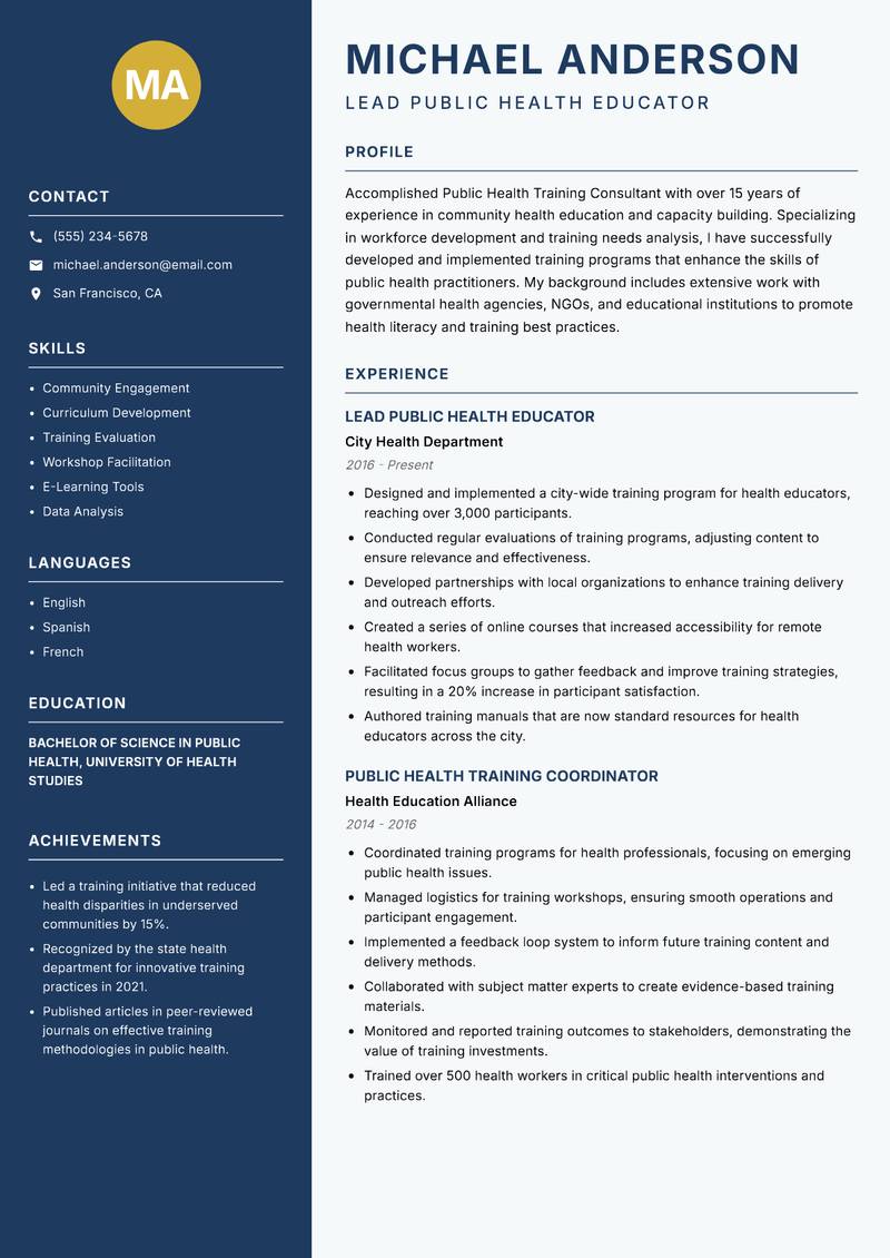 Public Health Training Consultant resume template — Classic Clean