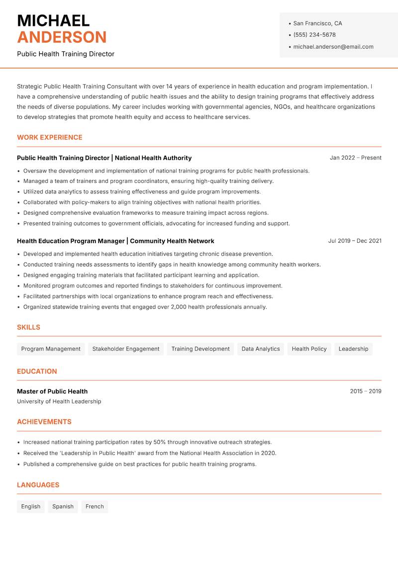 Public Health Training Consultant resume template — Modern Professional