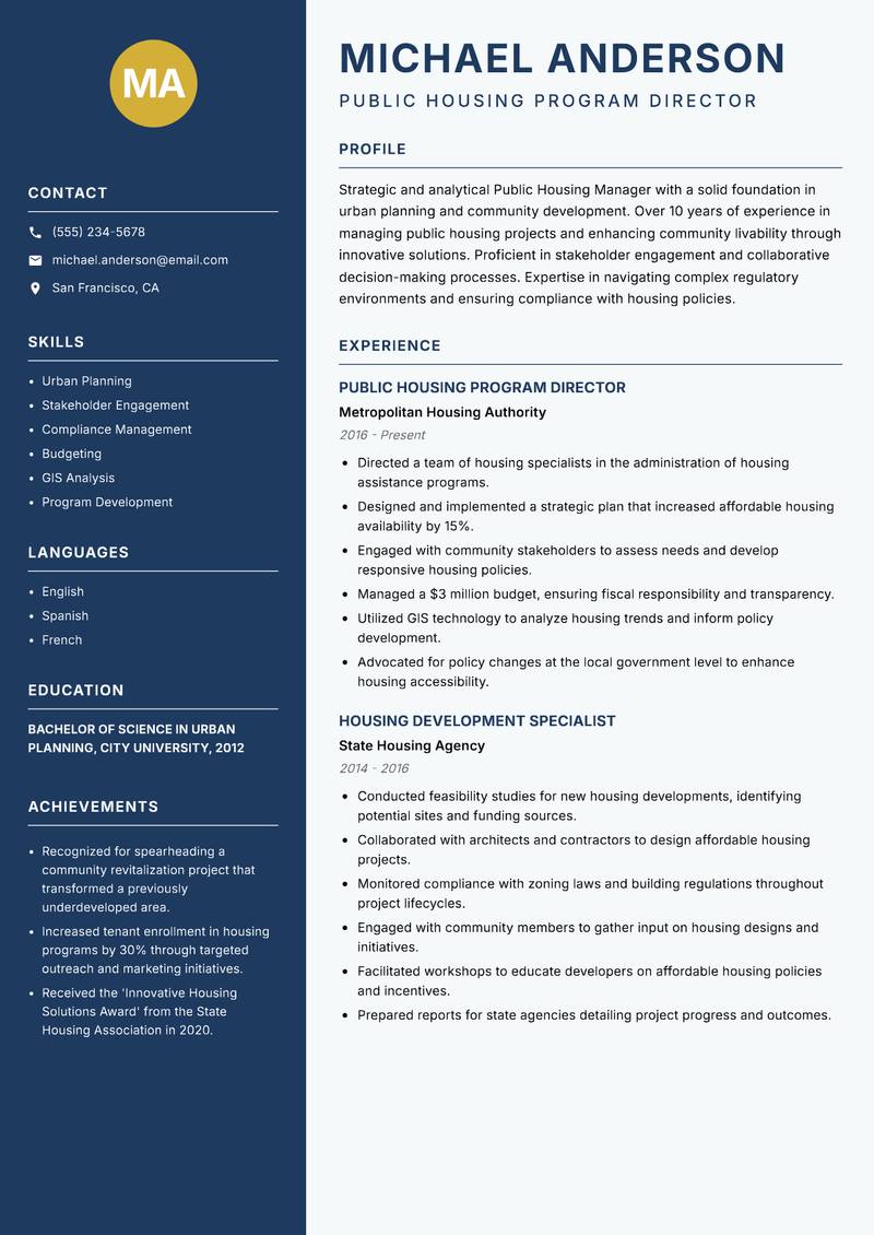 Public Housing Manager resume template — Classic Clean