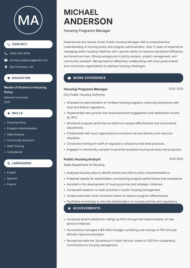 Public Housing Manager resume template — Compact