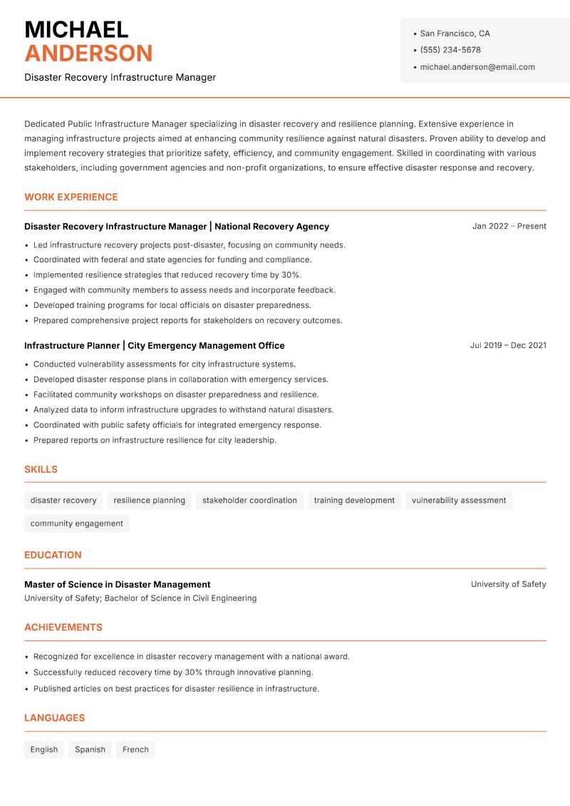 Public Infrastructure Manager resume template — Modern Professional