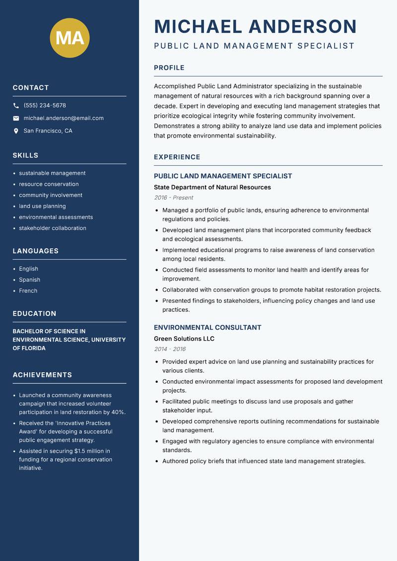 Public Land Administrator resume template — Classic Clean