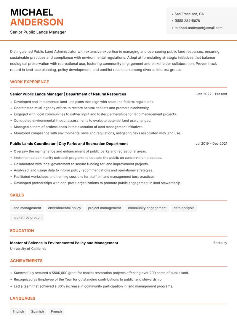 Public Land Administrator resume template — Modern Professional