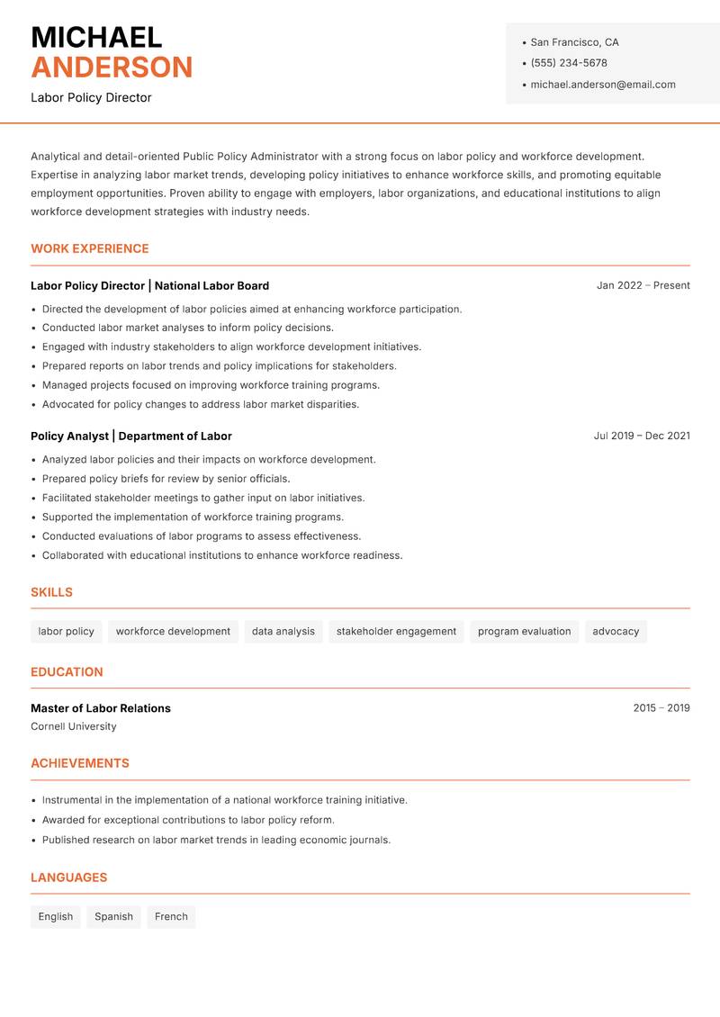 Public Policy Administrator resume template — Modern Professional